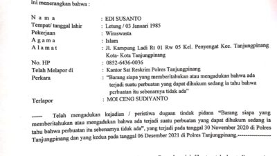 Edi, Ketua LSM Cindai Laporkan Pengusaha Moi Ceng ke Mapolres Tanjungpinang