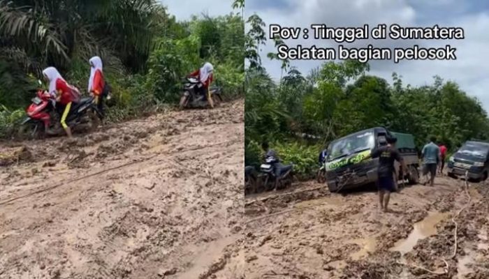 Jalan Muara Padang Banyuasin Lumpuh: Belasan Kendaraan Terjebak Lumpur