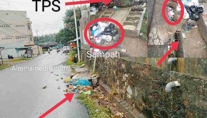 Penutup Drainase Jebol, Meluap Sampah Berserakan di Jalan Raya Kp Pisang Kijang