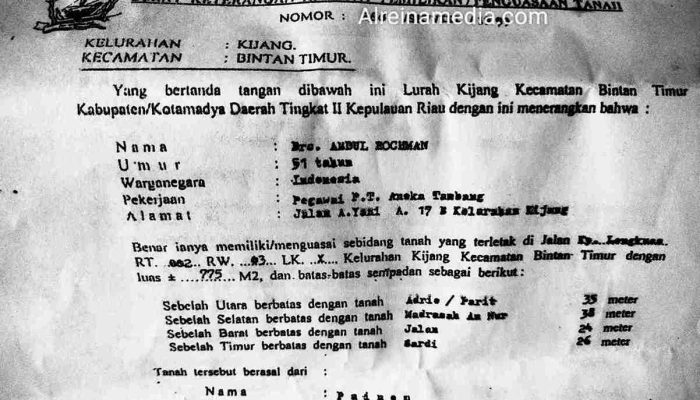 Berita Kehilangan Surat Tanah di Bintan Atas Nama Abdul Rochman